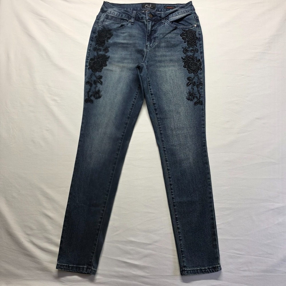 Earl Jeans Embroidered Black Floral Design Dark Denim Skinny Ankle Womens Size 8 - Picture 2 of 13